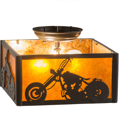 Meyda Lighting Motorcycle 15" 2-Light Timeless Bronze Flush Mount Light With Amber Mica Shade Glass
