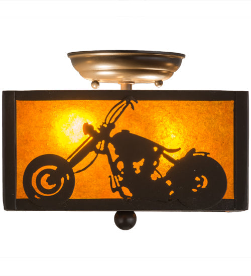 Meyda Lighting Motorcycle 15" 2-Light Timeless Bronze Flush Mount Light With Amber Mica Shade Glass