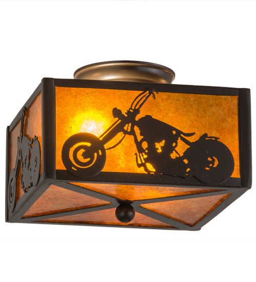 Meyda Lighting Motorcycle 15" 2-Light Timeless Bronze Flush Mount Light With Amber Mica Shade Glass