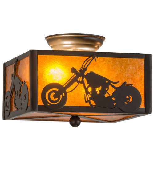 Meyda Lighting Motorcycle 15" 2-Light Timeless Bronze Flush Mount Light With Amber Mica Shade Glass