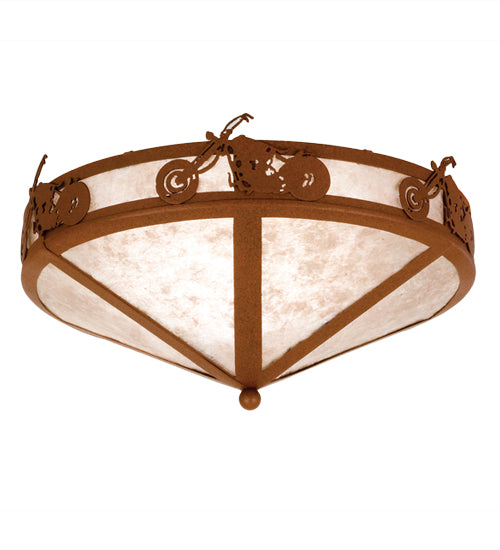 Meyda Lighting Motorcycle 16" 2-Light Rust Flush Mount Light With Silver Mica Shade Glass