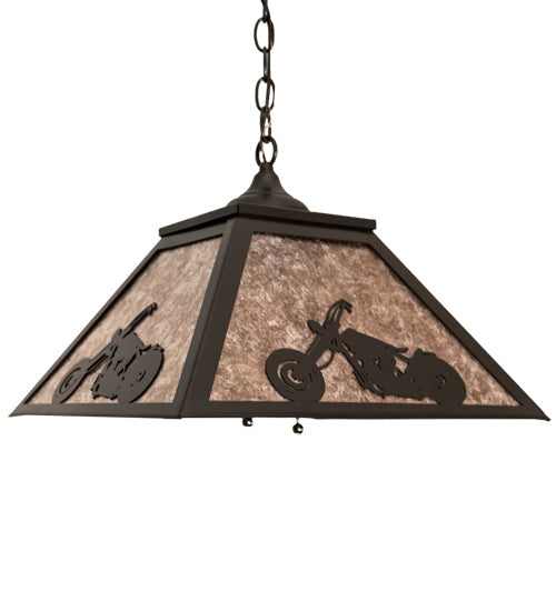 Meyda Lighting Motorcycle 23" 2-Light Timeless Bronze Pendant Light With Silver Mica Shade Glass