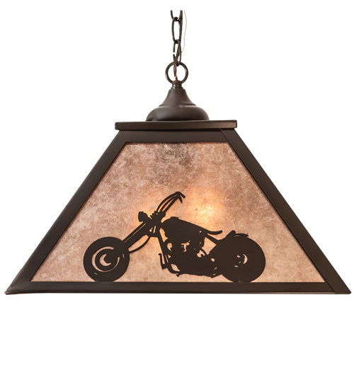Meyda Lighting Motorcycle 23" 2-Light Timeless Bronze Pendant Light With Silver Mica Shade Glass