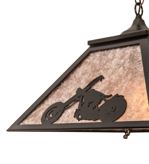 Meyda Lighting Motorcycle 23" 2-Light Timeless Bronze Pendant Light With Silver Mica Shade Glass