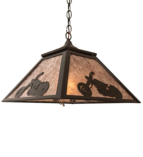 Meyda Lighting Motorcycle 23" 2-Light Timeless Bronze Pendant Light With Silver Mica Shade Glass