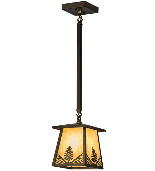 Meyda Lighting Mountain Pine 10" Antique Copper Mini Pendant Light With Beige Art Shade Glass
