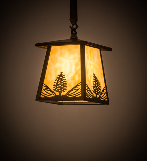 Meyda Lighting Mountain Pine 10" Antique Copper Mini Pendant Light With Beige Art Shade Glass