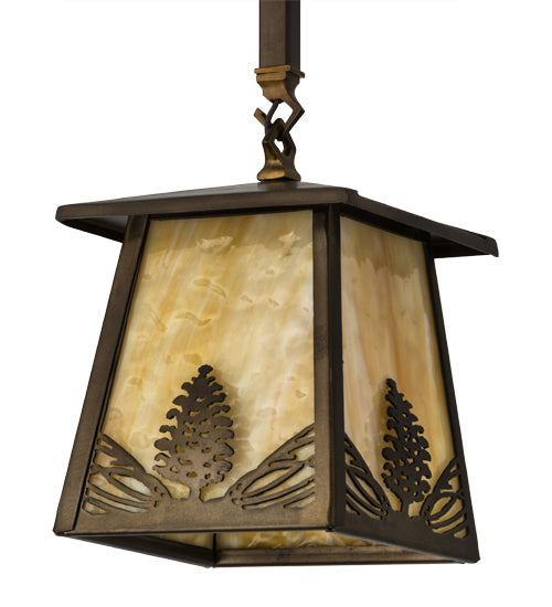 Meyda Lighting Mountain Pine 10" Antique Copper Mini Pendant Light With Beige Art Shade Glass