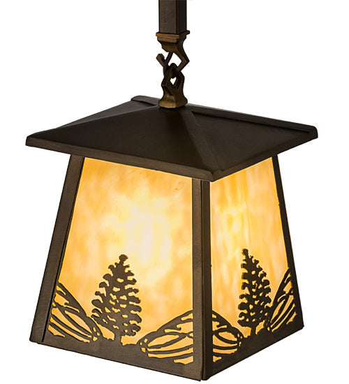 Meyda Lighting Mountain Pine 10" Antique Copper Mini Pendant Light With Beige Art Shade Glass