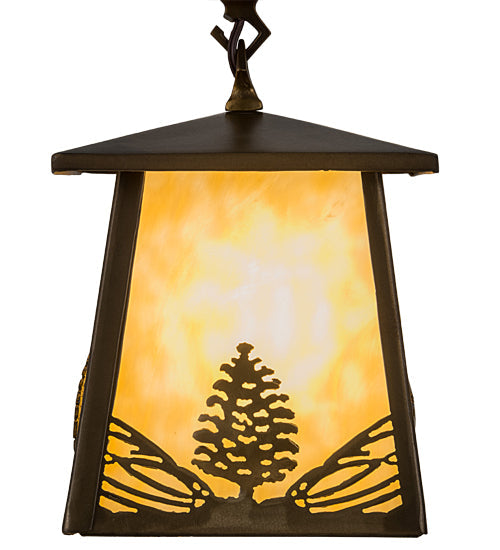 Meyda Lighting Mountain Pine 10" Antique Copper Mini Pendant Light With Beige Art Shade Glass