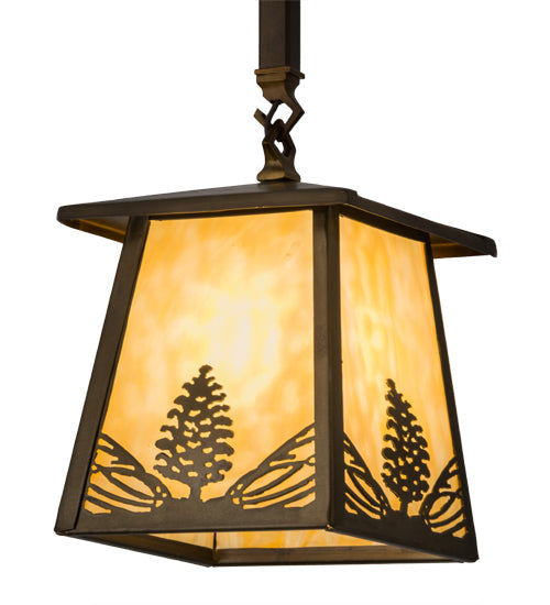 Meyda Lighting Mountain Pine 10" Antique Copper Mini Pendant Light With Beige Art Shade Glass