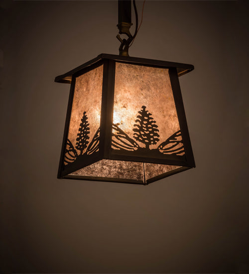 Meyda Lighting Mountain Pine 10" Antique Copper Mini Pendant Light With Silver Mica Shade Glass