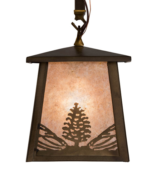 Meyda Lighting Mountain Pine 10" Antique Copper Mini Pendant Light With Silver Mica Shade Glass