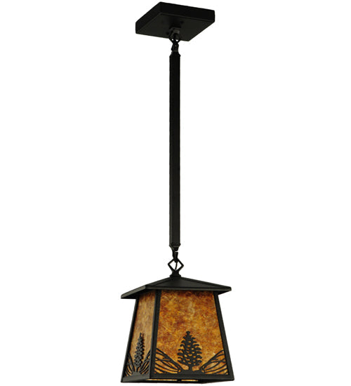 Meyda Lighting Mountain Pine 10" Textured Black Mini Pendant Light With Amber Mica Shade Glass