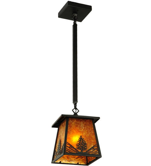 Meyda Lighting Mountain Pine 10" Textured Black Mini Pendant Light With Amber Mica Shade Glass