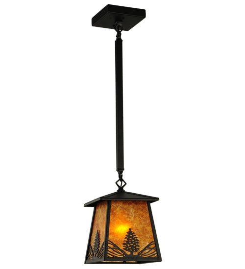 Meyda Lighting Mountain Pine 10" Textured Black Mini Pendant Light With Amber Mica Shade Glass