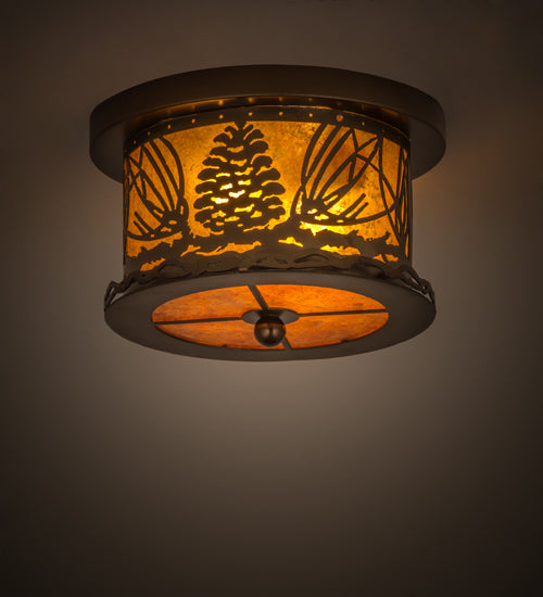 Meyda Lighting Mountain Pine 11" 2-Light Antique Copper Flush Mount Light With Amber Mica Shade Glass