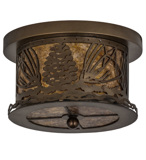 Meyda Lighting Mountain Pine 11" 2-Light Antique Copper Flush Mount Light With Amber Mica Shade Glass