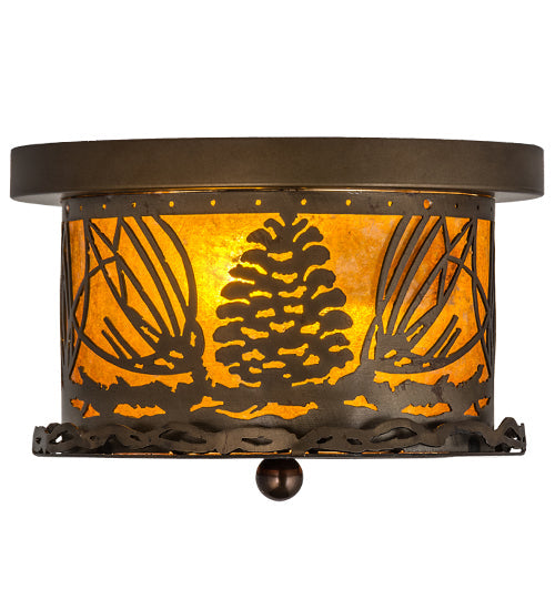 Meyda Lighting Mountain Pine 11" 2-Light Antique Copper Flush Mount Light With Amber Mica Shade Glass