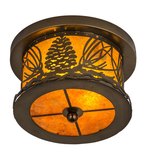 Meyda Lighting Mountain Pine 11" 2-Light Antique Copper Flush Mount Light With Amber Mica Shade Glass