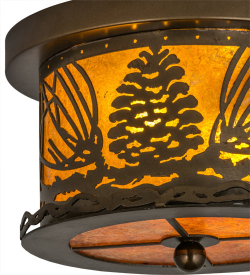 Meyda Lighting Mountain Pine 11" 2-Light Antique Copper Flush Mount Light With Amber Mica Shade Glass