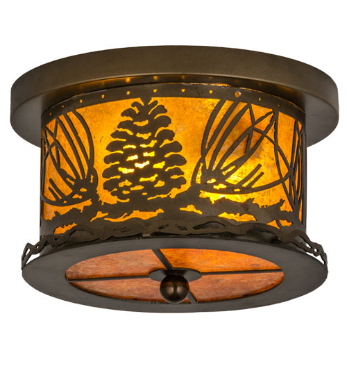 Meyda Lighting Mountain Pine 11" 2-Light Antique Copper Flush Mount Light With Amber Mica Shade Glass