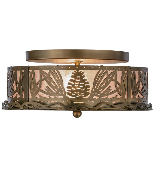 Meyda Lighting Mountain Pine 16" 2-Light Antique Copper Flush Mount Light With Silver Mica Shade Glass