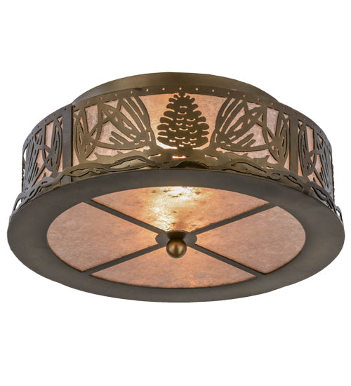 Meyda Lighting Mountain Pine 16" 2-Light Antique Copper Flush Mount Light With Silver Mica Shade Glass