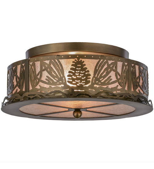 Meyda Lighting Mountain Pine 16" 2-Light Antique Copper Flush Mount Light With Silver Mica Shade Glass