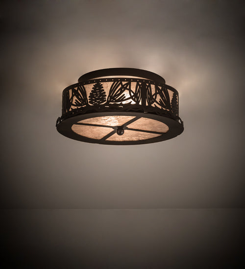 Meyda Lighting Mountain Pine 16" 2-Light Mahogany Bronze Flush Mount Light With Silver Mica Shade Glass