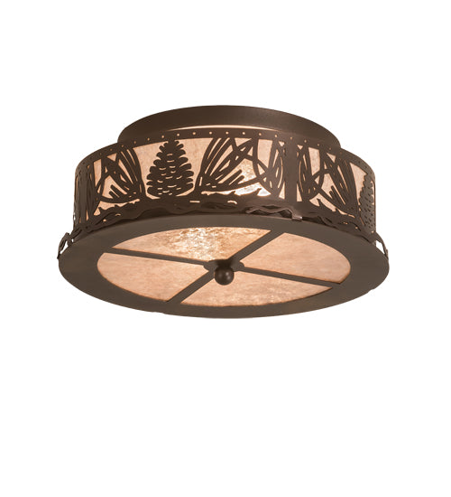 Meyda Lighting Mountain Pine 16" 2-Light Mahogany Bronze Flush Mount Light With Silver Mica Shade Glass