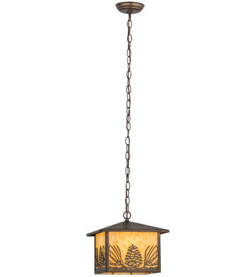 Meyda Lighting Mountain Pine 17" Antique Copper Lantern Pendant Light With Beige Art Shade Glass
