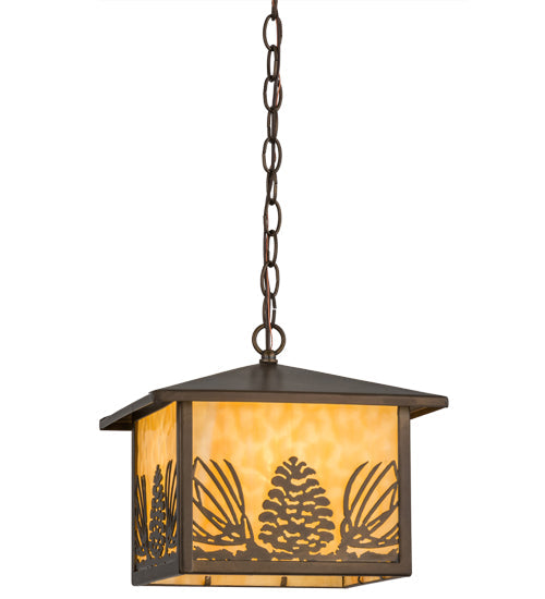 Meyda Lighting Mountain Pine 17" Antique Copper Lantern Pendant Light With Beige Art Shade Glass