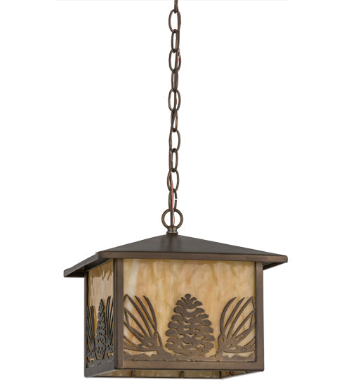 Meyda Lighting Mountain Pine 17" Antique Copper Lantern Pendant Light With Beige Art Shade Glass