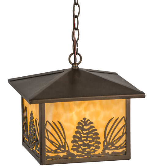 Meyda Lighting Mountain Pine 17" Antique Copper Lantern Pendant Light With Beige Art Shade Glass