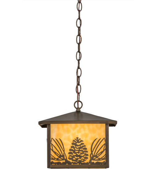 Meyda Lighting Mountain Pine 17" Antique Copper Lantern Pendant Light With Beige Art Shade Glass