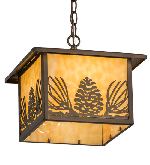 Meyda Lighting Mountain Pine 17" Antique Copper Lantern Pendant Light With Beige Art Shade Glass