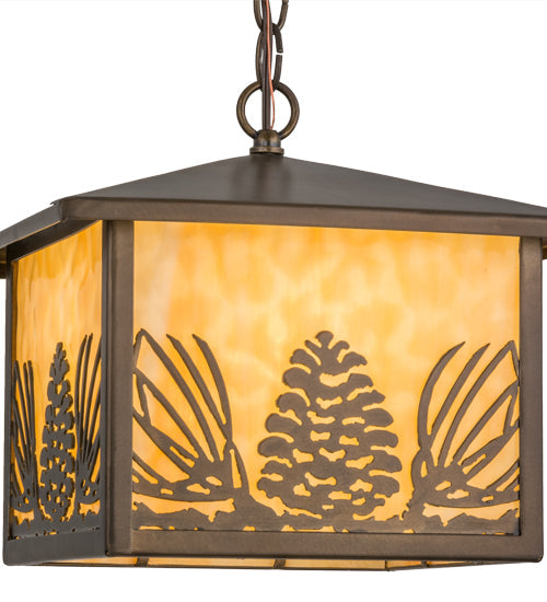 Meyda Lighting Mountain Pine 17" Antique Copper Lantern Pendant Light With Beige Art Shade Glass
