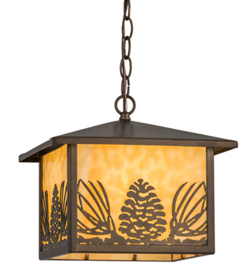 Meyda Lighting Mountain Pine 17" Antique Copper Lantern Pendant Light With Beige Art Shade Glass