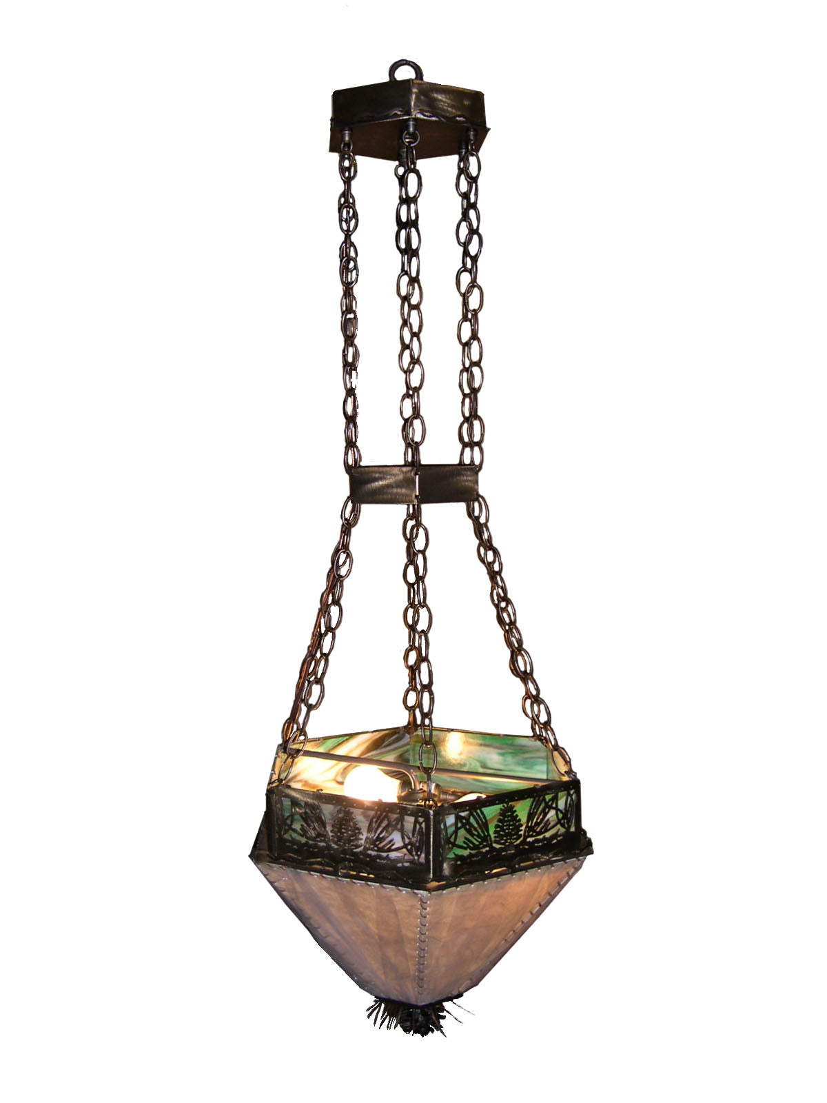 Meyda Lighting Mountain Pine 19" 2-Light Antique Copper Inverted Pendant Light With Green Brown Art Shade