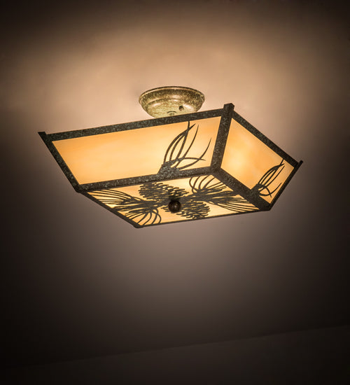 Meyda Lighting Mountain Pine 22" 3-Light Green Tarnished Copper Flush Mount Light With Beige Art Shade Glass