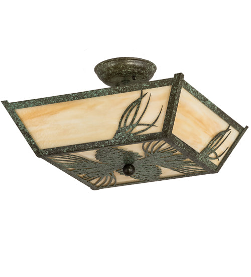 Meyda Lighting Mountain Pine 22" 3-Light Green Tarnished Copper Flush Mount Light With Beige Art Shade Glass