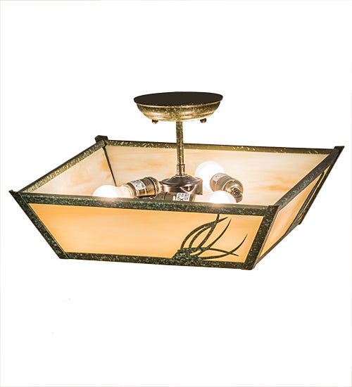 Meyda Lighting Mountain Pine 22" 3-Light Green Tarnished Copper Flush Mount Light With Beige Art Shade Glass