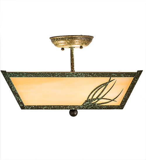 Meyda Lighting Mountain Pine 22" 3-Light Green Tarnished Copper Flush Mount Light With Beige Art Shade Glass