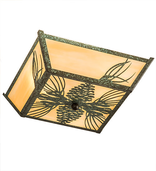 Meyda Lighting Mountain Pine 22" 3-Light Green Tarnished Copper Flush Mount Light With Beige Art Shade Glass