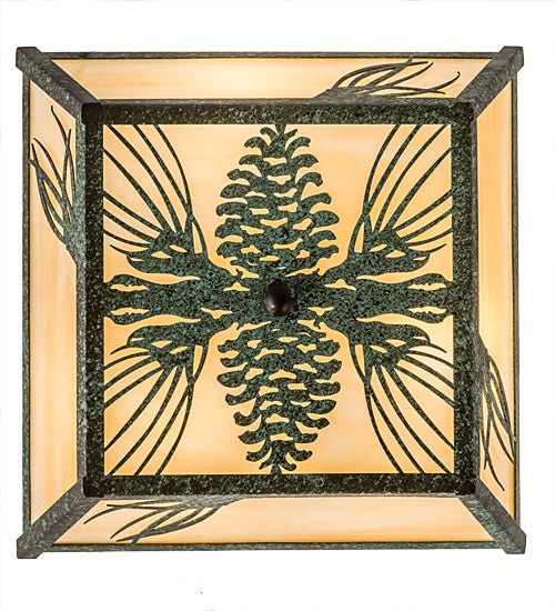 Meyda Lighting Mountain Pine 22" 3-Light Green Tarnished Copper Flush Mount Light With Beige Art Shade Glass