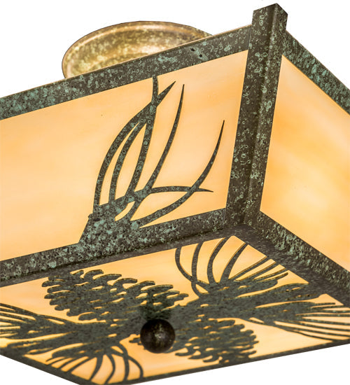 Meyda Lighting Mountain Pine 22" 3-Light Green Tarnished Copper Flush Mount Light With Beige Art Shade Glass