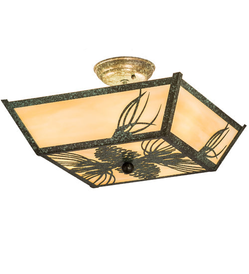 Meyda Lighting Mountain Pine 22" 3-Light Green Tarnished Copper Flush Mount Light With Beige Art Shade Glass