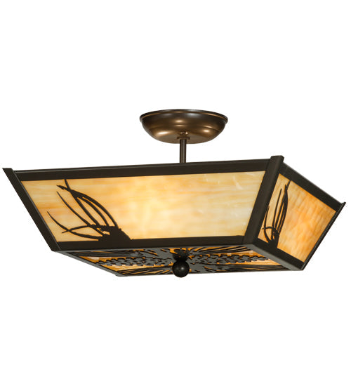 Meyda Lighting Mountain Pine 22" 3-Light Timeless Bronze Flush Mount Light With Beige Art Shade Glass