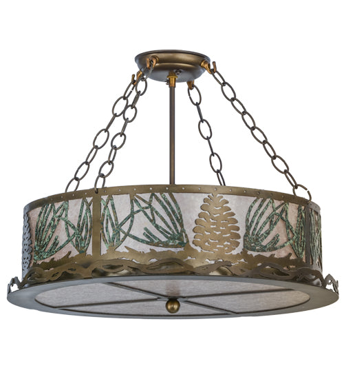Meyda Lighting Mountain Pine 22" 4-Light Antique Copper & Green Needles Semi-flush Mount Ceiling Light With Silver Mica Shade Glass